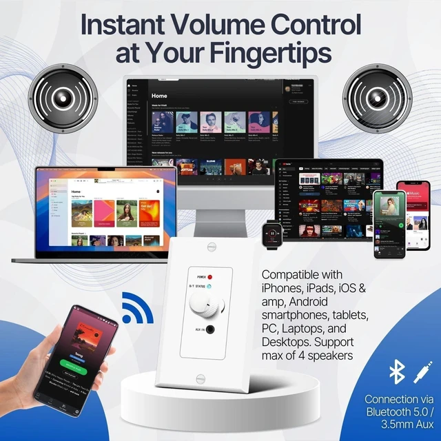 Alt view image 14 of 14 - TNP in Wall Bluetooth Receiver Amplifier - Bluetooth Wall Plate Receiver with 120W BT 5.0 aptX Stereo Amplifier, Volume Control and 3.5mm AUX Input for 4-Speaker Systems