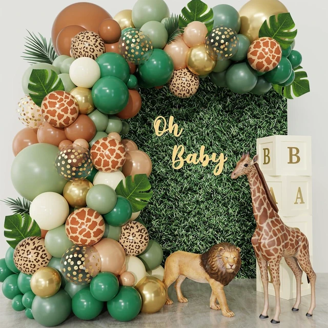 Alt view image 8 of 14 - 170Pcs Jungle Safari Balloons Arch Garland Kit, Sage Green Brown Animal Print Balloons Palm Leaves Wild One Safari Baby Shower Decorations for Boys Tropical Woodland Birthday Party Supplies