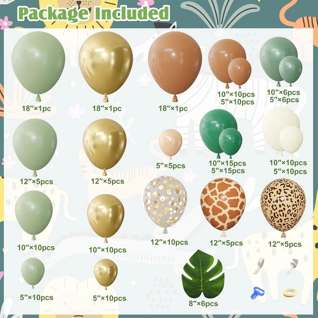 Alt view image 9 of 14 - 170Pcs Jungle Safari Balloons Arch Garland Kit, Sage Green Brown Animal Print Balloons Palm Leaves Wild One Safari Baby Shower Decorations for Boys Tropical Woodland Birthday Party Supplies