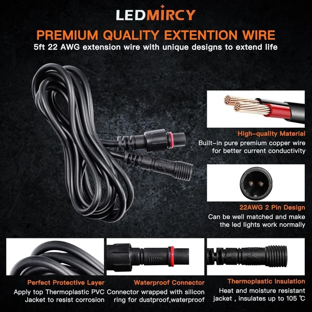Alt view image 11 of 14 - LEDMIRCY LED Rock Lights Extension Cable Wire Cord 2Pin Waterproof 4PCS 5ft 22AWG with Male to Female Connectors 11mm Nut Size for Wheel Lights Driving Fog Light for Truck(Only for Single Color)