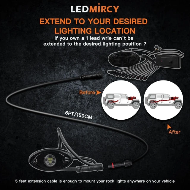 Alt view image 10 of 14 - LEDMIRCY LED Rock Lights Extension Cable Wire Cord 2Pin Waterproof 4PCS 5ft 22AWG with Male to Female Connectors 11mm Nut Size for Wheel Lights Driving Fog Light for Truck(Only for Single Color)