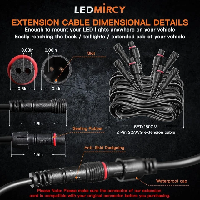 Alt view image 9 of 14 - LEDMIRCY LED Rock Lights Extension Cable Wire Cord 2Pin Waterproof 4PCS 5ft 22AWG with Male to Female Connectors 11mm Nut Size for Wheel Lights Driving Fog Light for Truck(Only for Single Color)