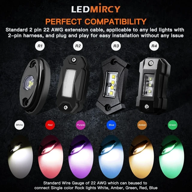 Alt view image 14 of 14 - LEDMIRCY LED Rock Lights Extension Cable Wire Cord 2Pin Waterproof 4PCS 5ft 22AWG with Male to Female Connectors 11mm Nut Size for Wheel Lights Driving Fog Light for Truck(Only for Single Color)