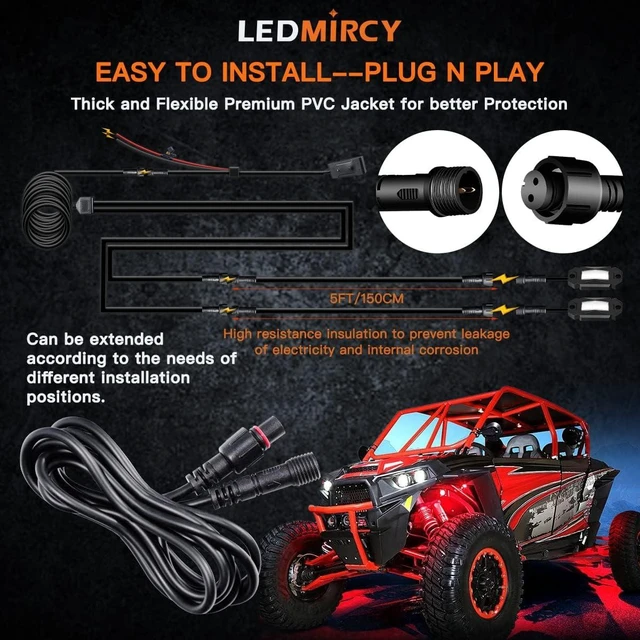 Alt view image 12 of 14 - LEDMIRCY LED Rock Lights Extension Cable Wire Cord 2Pin Waterproof 4PCS 5ft 22AWG with Male to Female Connectors 11mm Nut Size for Wheel Lights Driving Fog Light for Truck(Only for Single Color)