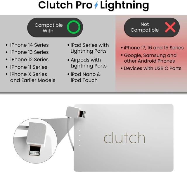 Alt view image 7 of 12 - Clutch Pro World's Thinnest iPhone Charger Portable Power Bank 5000mAh Magnetic Built-in Lightning Cable TSA Approved Travel Charger iPhone 14 & Earlier White
