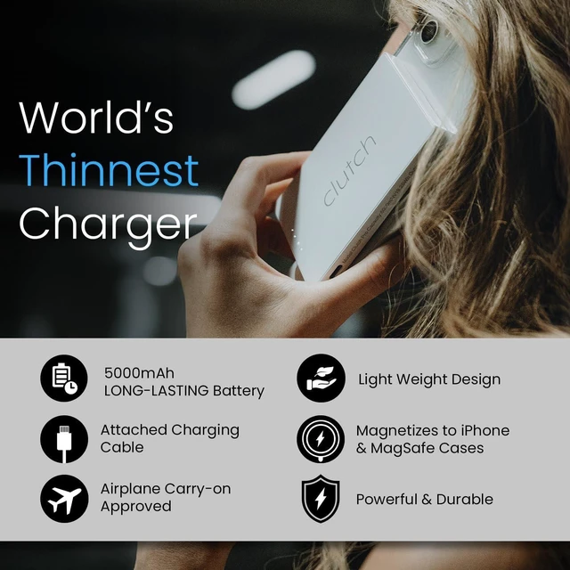 Alt view image 11 of 12 - Clutch Pro World's Thinnest iPhone Charger Portable Power Bank 5000mAh Magnetic Built-in Lightning Cable TSA Approved Travel Charger iPhone 14 & Earlier White