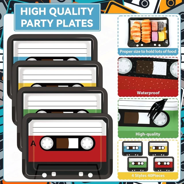 Alt view image 10 of 14 - 40PCS Cassette Tape Plates 70s 80s 90s Party Decorations 10 x 7 Inch Retro Square Paper Plates Tableware Music Themed Party Disposable Dinnerware for Retro Disco Hip Hop Kpop Theme Birthday Supplies