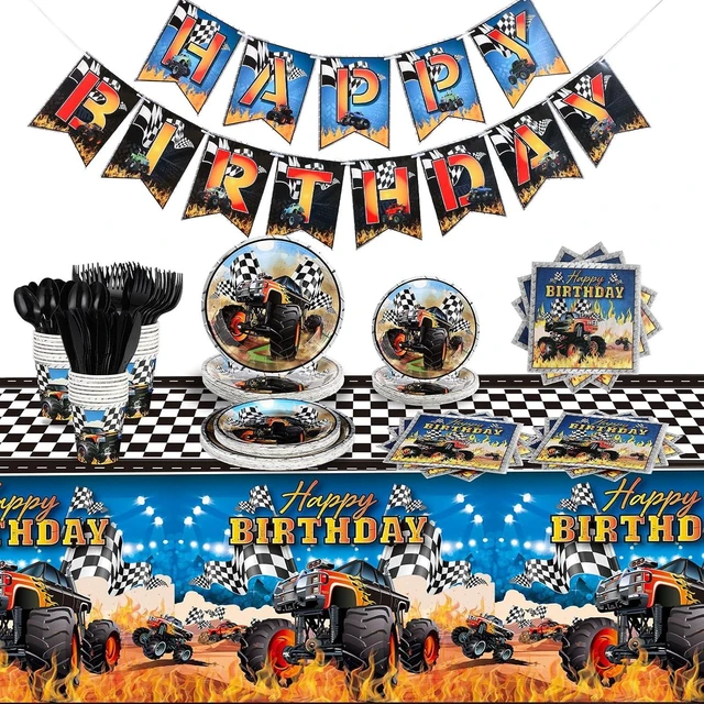 Alt view image 7 of 12 - 171 Pcs Monster Truck Party Supplies Serves for 24 Guests Monster Truck Birthday Decorations Set Include Banner Plates Napkins Cup Tablecloth for Car Themed Birthday Party Decorations