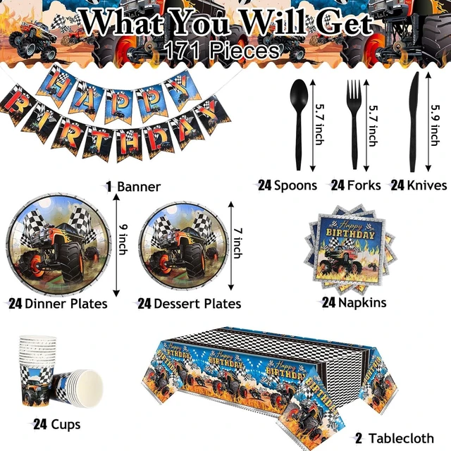 Alt view image 9 of 12 - 171 Pcs Monster Truck Party Supplies Serves for 24 Guests Monster Truck Birthday Decorations Set Include Banner Plates Napkins Cup Tablecloth for Car Themed Birthday Party Decorations
