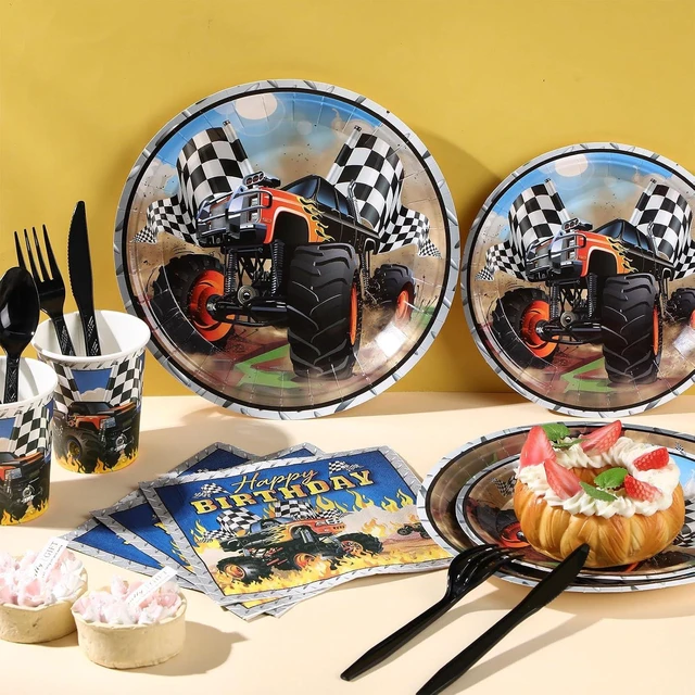 Alt view image 8 of 12 - 171 Pcs Monster Truck Party Supplies Serves for 24 Guests Monster Truck Birthday Decorations Set Include Banner Plates Napkins Cup Tablecloth for Car Themed Birthday Party Decorations