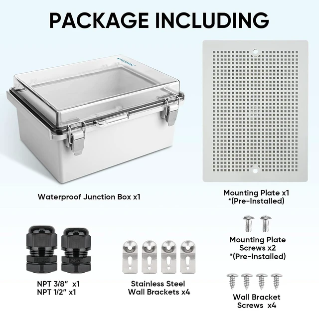 Alt view image 12 of 14 - TICONN Outdoor Electrical Box Waterproof, Junction Box IP67 ABS Plastic Enclosure with Hinged Cover with Mounting Plate, Wall Brackets, Cable Glands (Clear, 8.7"x6.7"x4.3")
