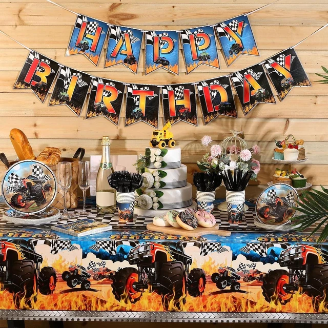 Alt view image 10 of 12 - 171 Pcs Monster Truck Party Supplies Serves for 24 Guests Monster Truck Birthday Decorations Set Include Banner Plates Napkins Cup Tablecloth for Car Themed Birthday Party Decorations