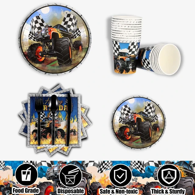 Alt view image 11 of 12 - 171 Pcs Monster Truck Party Supplies Serves for 24 Guests Monster Truck Birthday Decorations Set Include Banner Plates Napkins Cup Tablecloth for Car Themed Birthday Party Decorations