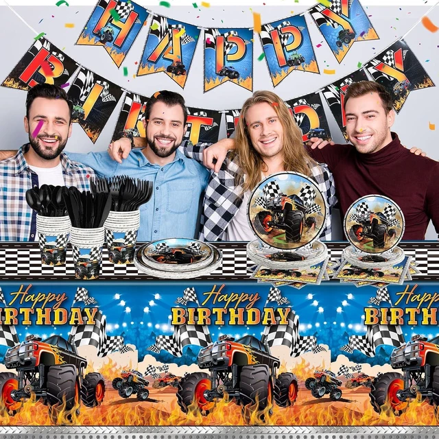 Alt view image 12 of 12 - 171 Pcs Monster Truck Party Supplies Serves for 24 Guests Monster Truck Birthday Decorations Set Include Banner Plates Napkins Cup Tablecloth for Car Themed Birthday Party Decorations