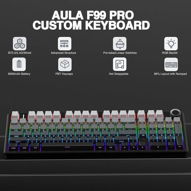 Alt view image 9 of 14 - AULA F99 Pro Wireless Mechanical Keyboard with Knob,Tri-Mode BT5.0/USB-C/2.4GHz Hot Swappable Keyboard,Pre-lubed Switches,RGB Backlit PBT Keycaps Computer Gaming Keyboards (Side Printed Black)