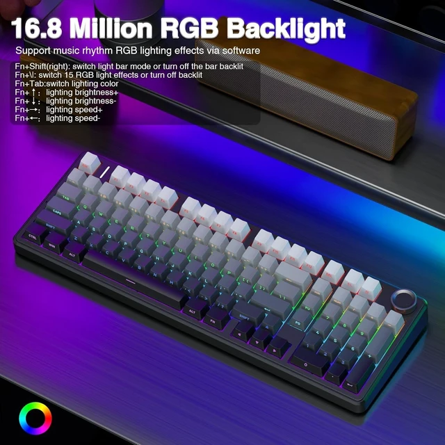 Alt view image 11 of 14 - AULA F99 Pro Wireless Mechanical Keyboard with Knob,Tri-Mode BT5.0/USB-C/2.4GHz Hot Swappable Keyboard,Pre-lubed Switches,RGB Backlit PBT Keycaps Computer Gaming Keyboards (Side Printed Black)