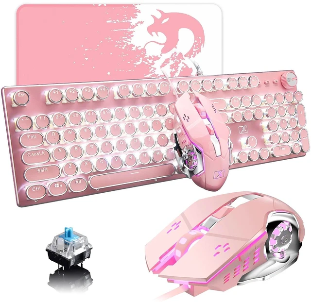 Alt view image 8 of 14 - Pink Typewriter Keyboard and Mouse,Retro Vintage Mechanical Gaming Keyboard with White LED Backlit,104 Keys Anti-Ghosting Blue Switch Wired Cute Keyboard,Round Keycaps for Desktop PC/Laptop Mac