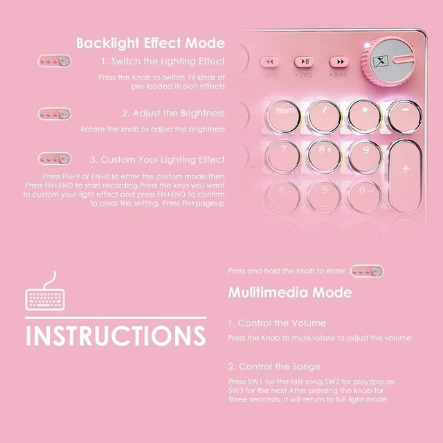Alt view image 11 of 14 - Pink Typewriter Keyboard and Mouse,Retro Vintage Mechanical Gaming Keyboard with White LED Backlit,104 Keys Anti-Ghosting Blue Switch Wired Cute Keyboard,Round Keycaps for Desktop PC/Laptop Mac