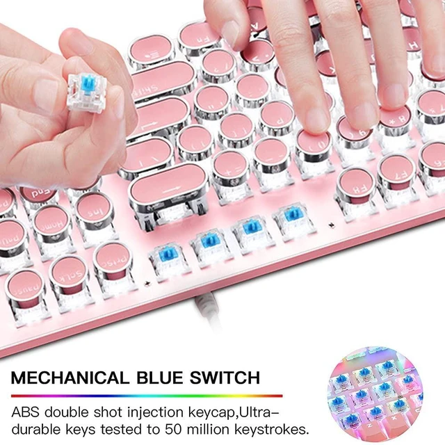Alt view image 12 of 14 - Pink Typewriter Keyboard and Mouse,Retro Vintage Mechanical Gaming Keyboard with White LED Backlit,104 Keys Anti-Ghosting Blue Switch Wired Cute Keyboard,Round Keycaps for Desktop PC/Laptop Mac
