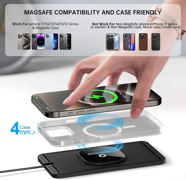 Alt view image 11 of 14 - Magnetic Wireless Car Charger Pad, REESTECQI 15W Wireless Charging Pad for Magsafe Charger Wireless Charger for Car Non Slip Type C with 40W Car Charger for iPhone 17/16/15/14/13/12 (1M Cable)