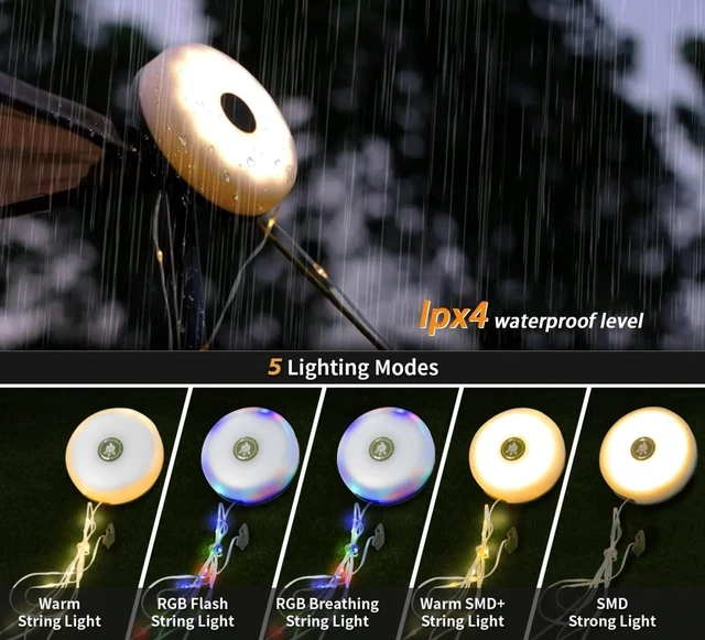 Alt view image 8 of 10 - Camping String Lights,Camping Essentials Gear 32.8FT Lamp Lights Waterproof, 4 in 1 Outdoor String Lights with 8 Modes for Awn Tent Yard Garden Hiking Travel Decoration and Holiday Christmas Gift