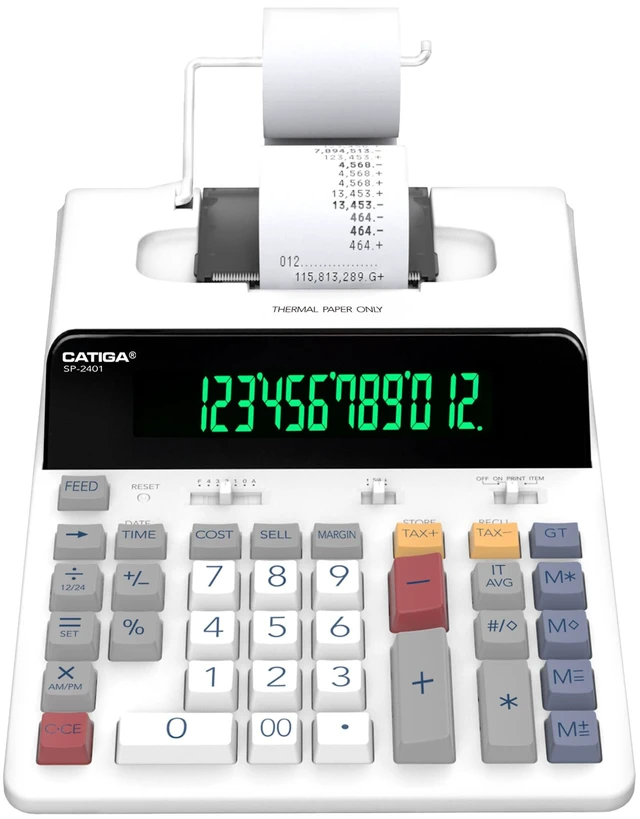 Alt view image 7 of 12 - 12 Digit Thermal Printing Calculator with Tape Print Out, Ink-Free Adding Machine, 5X Faster Quite at 8.0 LPS, Extra Large Fluorescent Display, Tax Calculation with Clock and Calendar, SP-2401
