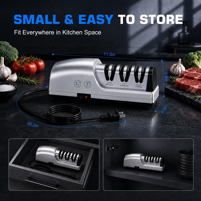 Alt view image 9 of 14 - Electric Knife Sharpener for Kitchen, Detachable Head, 3 Stage | 3-Stage Kitchen Knife Sharpener, 100% Diamond Abrasives, 15°Precision Angle Guides, Fast Sharpening Repair & Polish