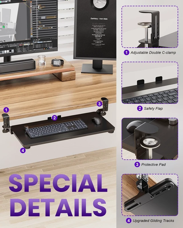 Alt view image 10 of 14 - Ergonomic Keyboard Tray Under Desk, 25.6x11.8 Inch Board, Black | Heavy Duty Keyboard Drawer, Adjustable Height C-Clamp, Slide-Out Platform, Desk Accessories for Typing, 31.5" Including Clamp