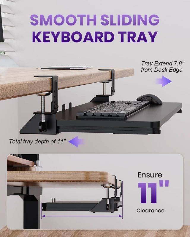 Alt view image 12 of 14 - Ergonomic Keyboard Tray Under Desk, 25.6x11.8 Inch Board, Black | Heavy Duty Keyboard Drawer, Adjustable Height C-Clamp, Slide-Out Platform, Desk Accessories for Typing, 31.5" Including Clamp