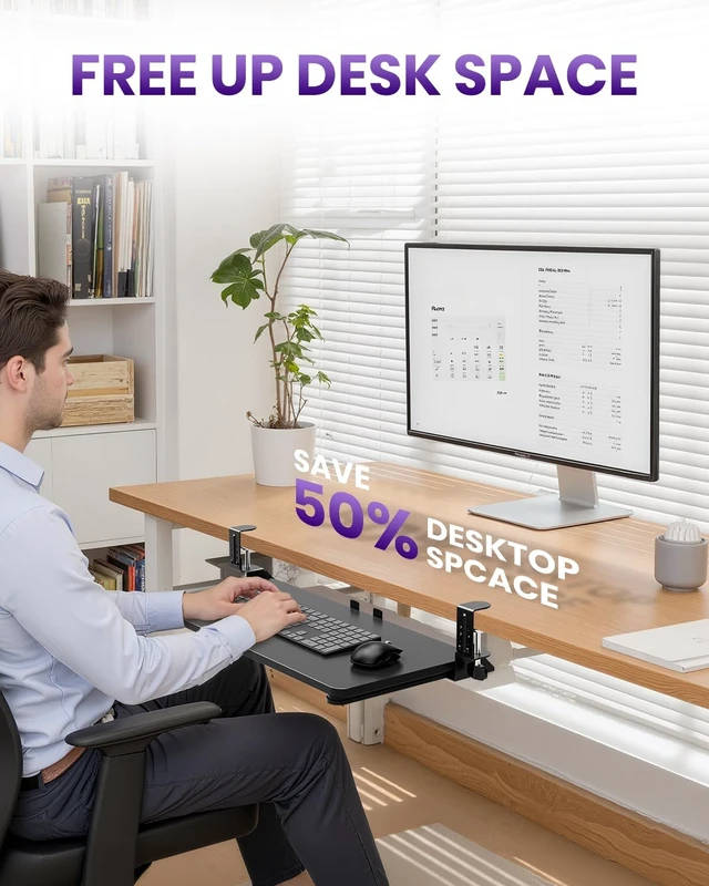 Alt view image 13 of 14 - Ergonomic Keyboard Tray Under Desk, 25.6x11.8 Inch Board, Black | Heavy Duty Keyboard Drawer, Adjustable Height C-Clamp, Slide-Out Platform, Desk Accessories for Typing, 31.5" Including Clamp