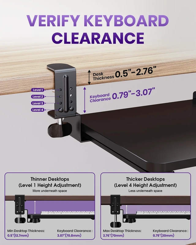 Alt view image 14 of 14 - Ergonomic Keyboard Tray Under Desk, 25.6x11.8 Inch Board, Black | Heavy Duty Keyboard Drawer, Adjustable Height C-Clamp, Slide-Out Platform, Desk Accessories for Typing, 31.5" Including Clamp
