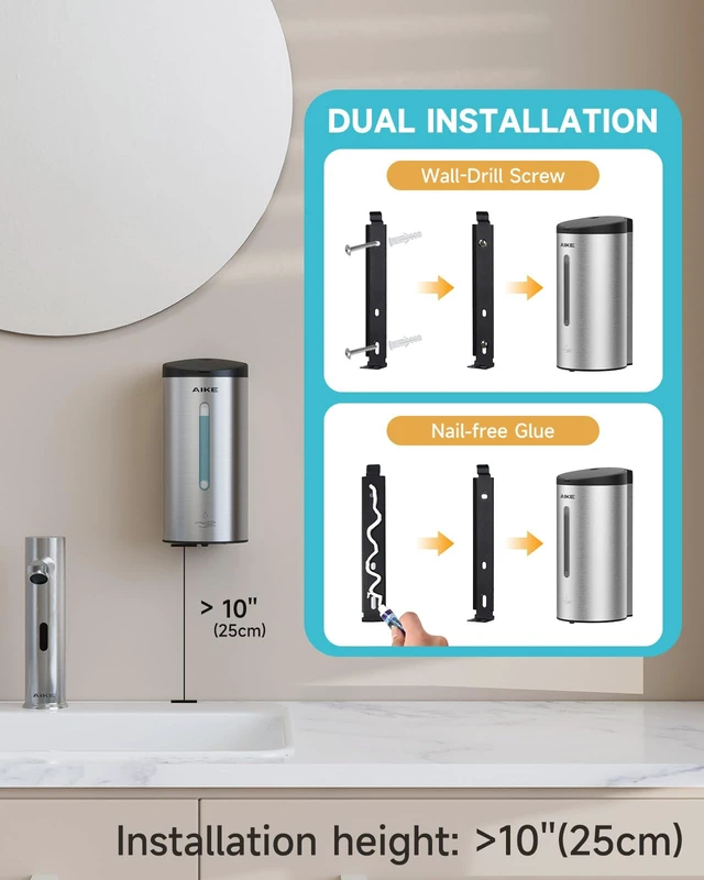 Alt view image 9 of 14 - Automatic Liquid Soap Dispenser,25oz Capacity for Bathroom,Brushed | No-Drill and Screw Wall Mount Install Design for Space-Saving,4*AA batteries(Not Included) Ensure Long Standby,Model AK1205E