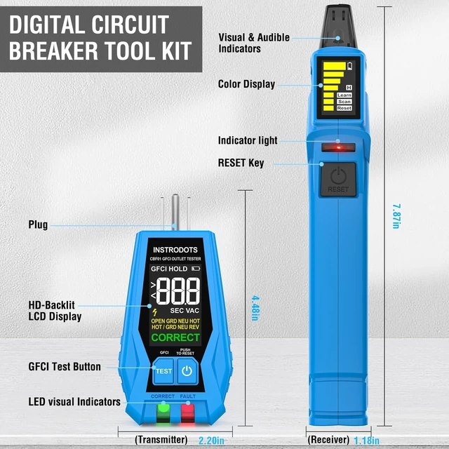 Alt view image 13 of 14 - Circuit Breaker Finder, AC 90-135V Circuit Tracer Tool Kit | Breaker Finder with GFCI Outlet Tester, Buzzer Alarm & Color Display, Includes Carrying Case, Adapter, Alligator Clips