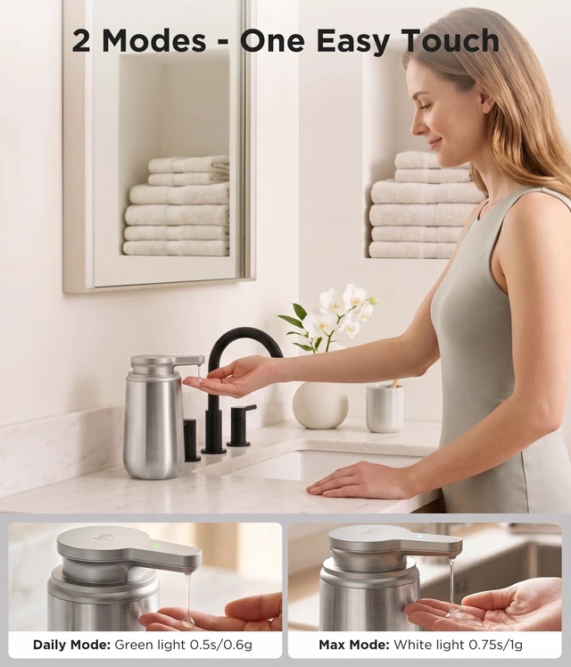 Alt view image 10 of 14 - Automatic Liquid Soap Dispenser Touchless - 10.5 Oz, Stainless Steel | 2 Adjustable Dispensing Modes, Self-Cleaning, Rechargeable Dish and Hand Soap Dispenser for Kitchen and Bathroom Countertop