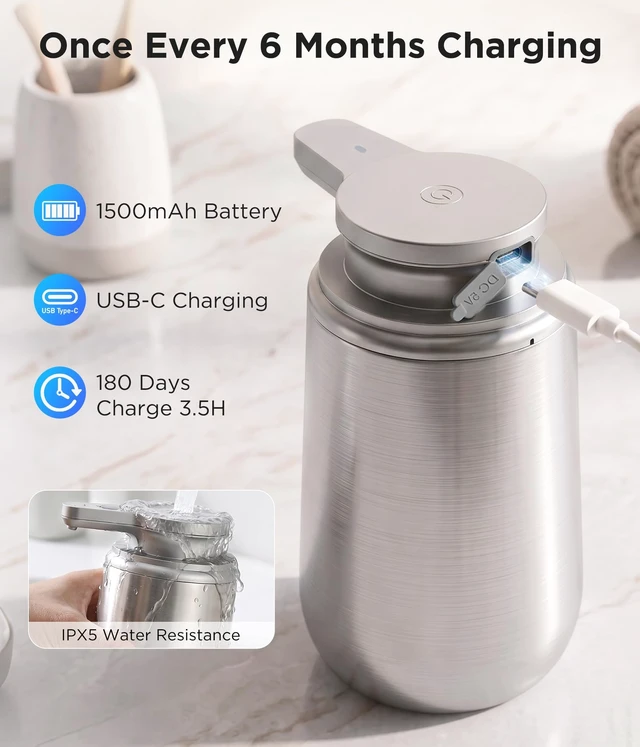 Alt view image 13 of 14 - Automatic Liquid Soap Dispenser Touchless - 10.5 Oz, Stainless Steel | 2 Adjustable Dispensing Modes, Self-Cleaning, Rechargeable Dish and Hand Soap Dispenser for Kitchen and Bathroom Countertop