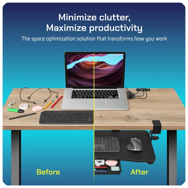 Alt view image 13 of 14 - Keyboard Tray | Under Desk Keyboard Tray Slide Out w/Adjustable C-Clamps for Desks Up to 1.5-Inch-Thick | Clamp On Drawer with 1x USB-C to 4 USB-A Hub and 1x Five-Cable Management Organizer