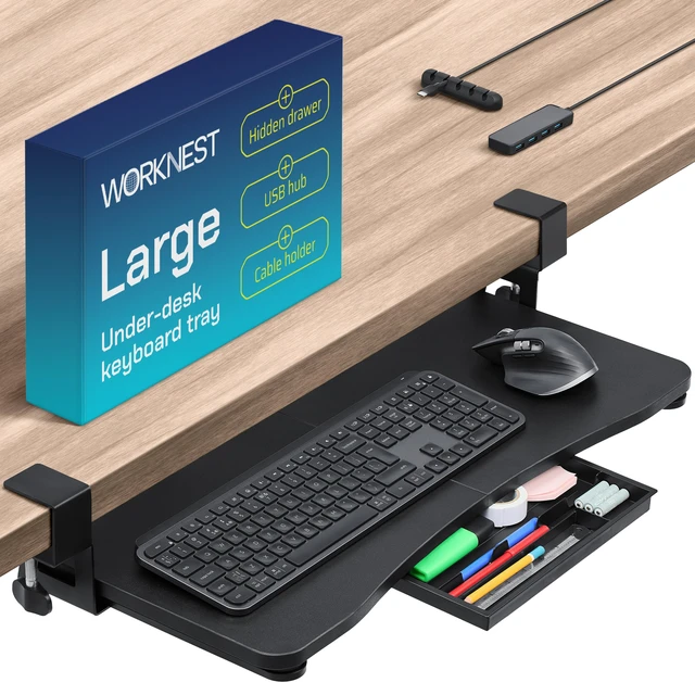 Alt view image 8 of 14 - Keyboard Tray | Under Desk Keyboard Tray Slide Out w/Adjustable C-Clamps for Desks Up to 1.5-Inch-Thick | Clamp On Drawer with 1x USB-C to 4 USB-A Hub and 1x Five-Cable Management Organizer