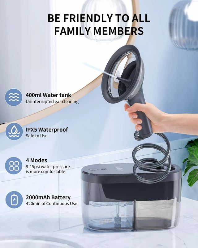 Alt view image 11 of 12 - Electric Ear Wax Removal Kit for Adults, FSA-HSA-Eligible, Home Use | One-Handed Ear Irrigation Flushing System, Big Dual Water Tank(Each 400ML), 1-Hole/3-Hole Nozzle, 4 Cleaning Modes, Black