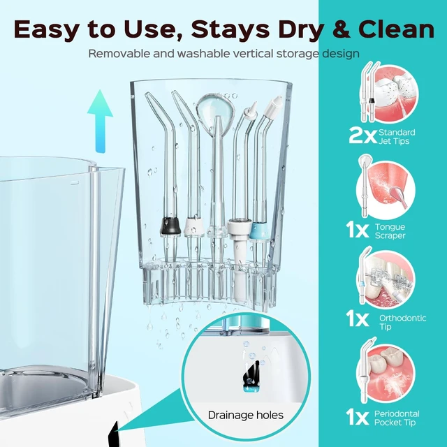 Alt view image 12 of 14 - E2 Advanced Water Dental Flosser Teeth, 2 Modes 12 Pressure Settings | Electric Pick for Orthodontic, Braces, Sensitive Gums - Home Use, 5 Jet Tips for Multiple Family Users, White, Standard Set