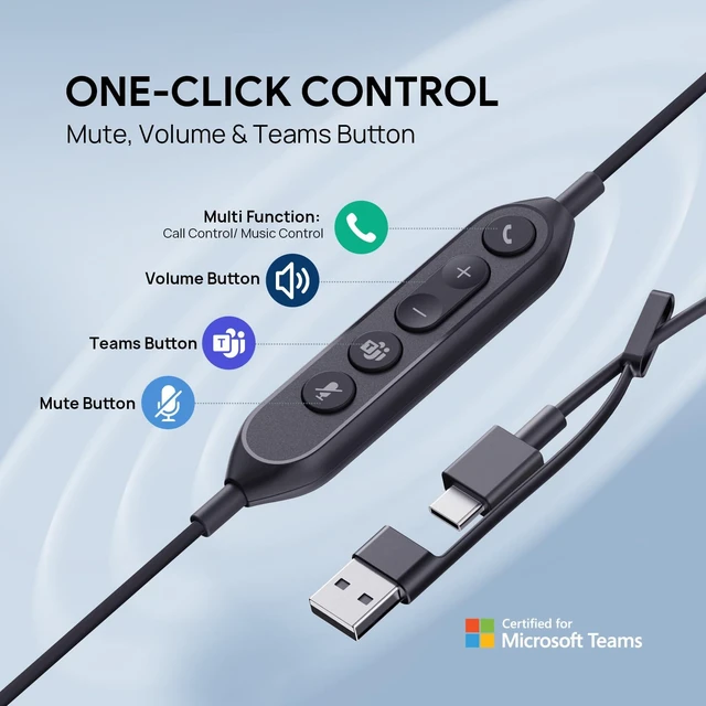 Alt view image 12 of 14 - UH46 Wired Headset,USB-C/A,3-Mic AI Noise Cancelling,Inline Control | Dual-Ear Headphones,Teams/Zoom Certified,Plug & Play for PC/Laptop/Phone, 7ft Cable, Call Center, Work from Home, Dynamic EQ