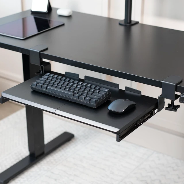 Alt view image 9 of 14 - Black Clamp-on 20 x 11 in Keyboard Tray, MOUNT-KB05ES | Small Under Desk Keyboard & Mouse Tray for Typing, Slide Out Platform, Extra Sturdy C-Clamp Mount System, Computer Drawer