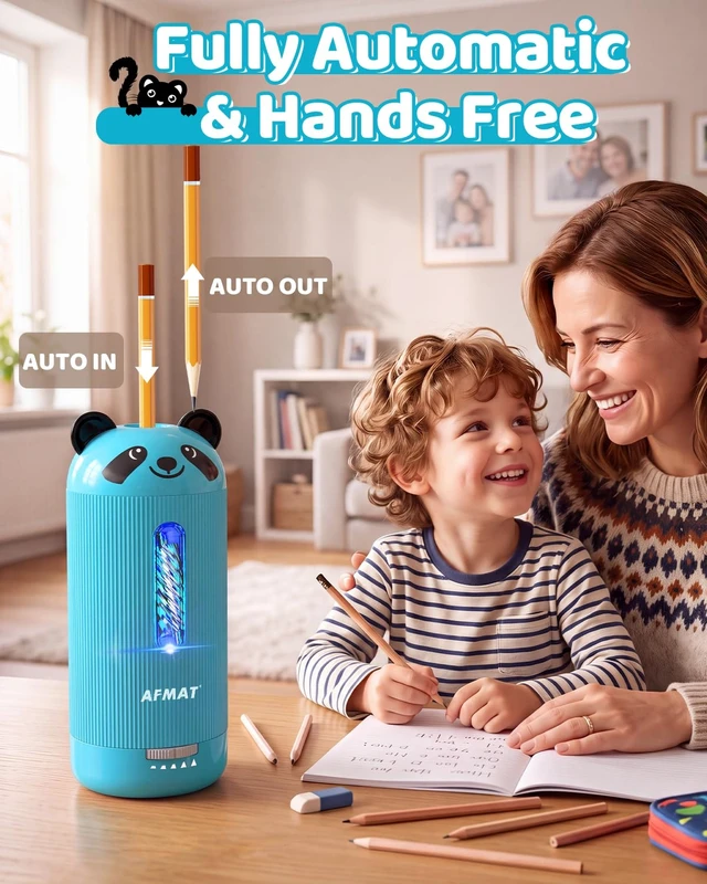 Alt view image 9 of 14 - Electric Pencil Sharpener, Fully Automatic, for 6.5-12mm Pencils | Rechargeable & Cordless, Auto in & Out, 5 Nibs, 7K+ Uses, Replaceable Blade, Cute Sharpener for Classroom/Home/Office, PSY3