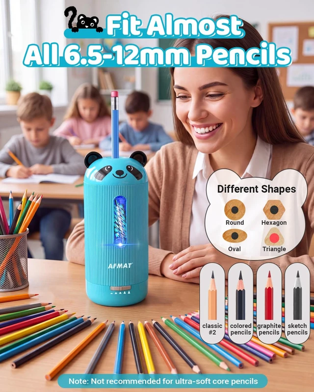 Alt view image 10 of 14 - Electric Pencil Sharpener, Fully Automatic, for 6.5-12mm Pencils | Rechargeable & Cordless, Auto in & Out, 5 Nibs, 7K+ Uses, Replaceable Blade, Cute Sharpener for Classroom/Home/Office, PSY3