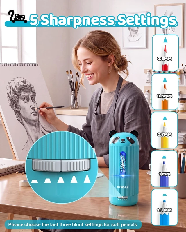 Alt view image 11 of 14 - Electric Pencil Sharpener, Fully Automatic, for 6.5-12mm Pencils | Rechargeable & Cordless, Auto in & Out, 5 Nibs, 7K+ Uses, Replaceable Blade, Cute Sharpener for Classroom/Home/Office, PSY3