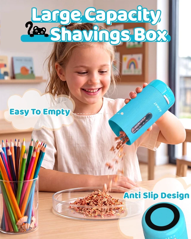 Alt view image 14 of 14 - Electric Pencil Sharpener, Fully Automatic, for 6.5-12mm Pencils | Rechargeable & Cordless, Auto in & Out, 5 Nibs, 7K+ Uses, Replaceable Blade, Cute Sharpener for Classroom/Home/Office, PSY3
