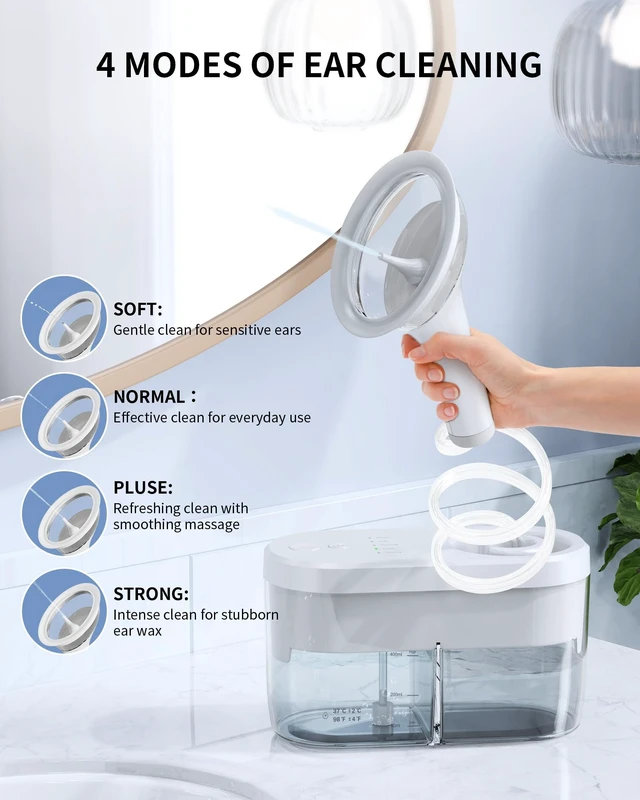 Alt view image 9 of 10 - Electric Ear Wax Removal Kit for Adults, FSA-HSA-Eligible, Home Use | One-Handed Ear Irrigation Flushing System, Big Dual Water Tank(Each 400ML), 1-Hole/3-Hole Nozzle, 4 Cleaning Modes