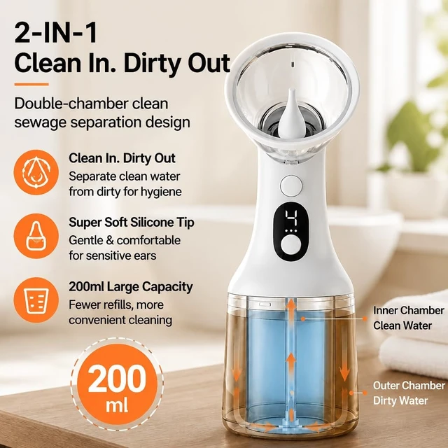 Alt view image 9 of 14 - Electric Ear Wax Removal Kit - Safe & Gentle Waxy Ear Cleaner Tool with 4 Pressure Settings, LED Display, IPX7 Waterproof & Dual-Chamber Design for Upgraded Ear Irrigation and Personal Ear Care
