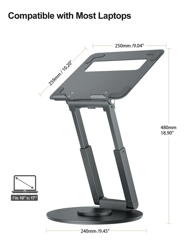 Alt view image 11 of 14 - Telescopic Laptop Stand for Desk with 360° Swivel Base, Sit to Stand, Height Adjustable, Portable Riser Holder for Good Posture, Compatible with MacBook Pro, All Laptops 10-17"-Gray