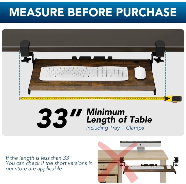 Alt view image 12 of 14 - Keyboard Tray Under Desk Pull Out with Extra Sturdy C Clamp Mount System, 27.3 (32.5 inch Including Clamps) x 11 Inch Slide-Out Platform Computer Drawer for Typing Vintage AX01WG02