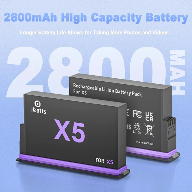 Alt view image 2 of 7 - 2-Pack Battery and Fast Charger Box for Insta360 X5, 2800mAh Replacement Batteries Pack and Dual Channel Fast Charging Portable Case for Insta 360 X5 Action Camera(Battery*2 and Charger*1)